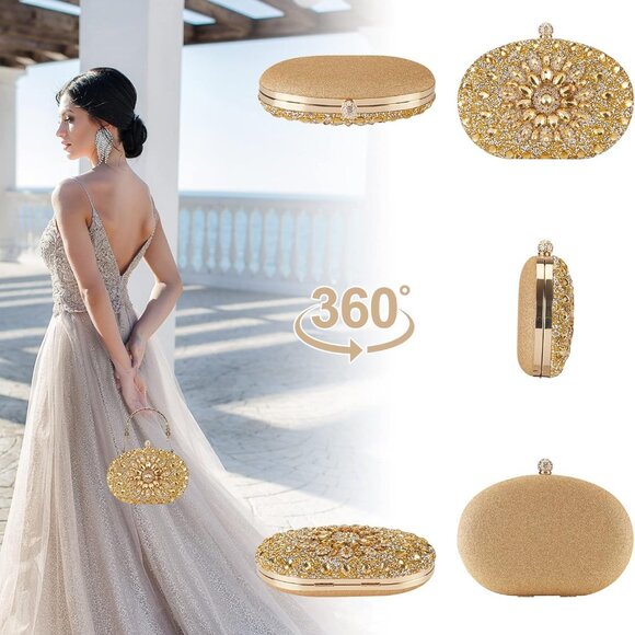 Rhinestone Evening Clutch Satin Gold Diamond Crystal Sparkle Bag for Women - Picture 3 of 8